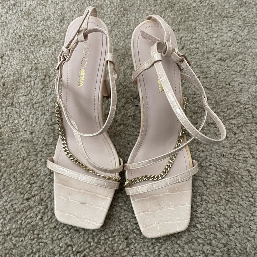 Pale pink open toe heels